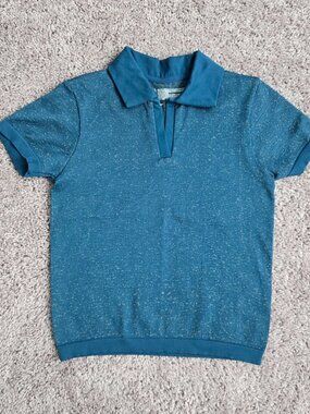 Zella Cropped Polo Collar Top Split V-Neck Size S Teal Blue Gold Space Dye